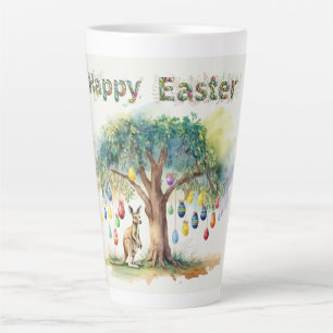 Taza De Café Latte Canguro debajo de eucalipto con huevos de Pascua