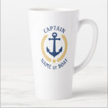Taza De Café Latte Capitán Nombre Barco Anchor Estrella del Laurel Es<br><div class="desc">Un Latte Mug Personalizado de 17oz con rango de capitán u otro título,  su nombre de barco,  apellido u otro texto deseado. Con un ancla náutica diseñado por un personalizado,  hojas de laurel de estilo dorado y emblema de estrellas. Hace un gran regalo para cualquier ocasión.</div>