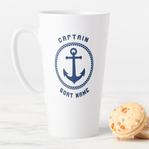 Taza De Café Latte Capitán y barco de la bandera náutica o nombre 2
