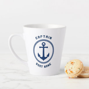 Taza De Café Latte Capitán y barco de la bandera náutica o nombre 2