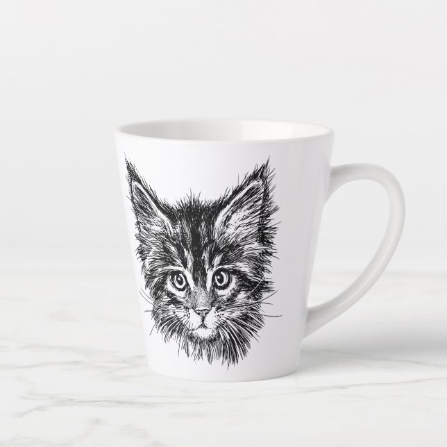 Taza De Café Latte Cara de gatito negro y blanco (Derecha)
