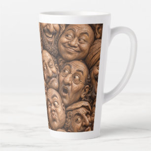 Taza De Café Latte Caras de Madera Tallada Patrón Boho Vintage