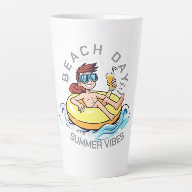 Taza De Café Latte Caricatura de Beach Day en el anillo inflable (Anverso)