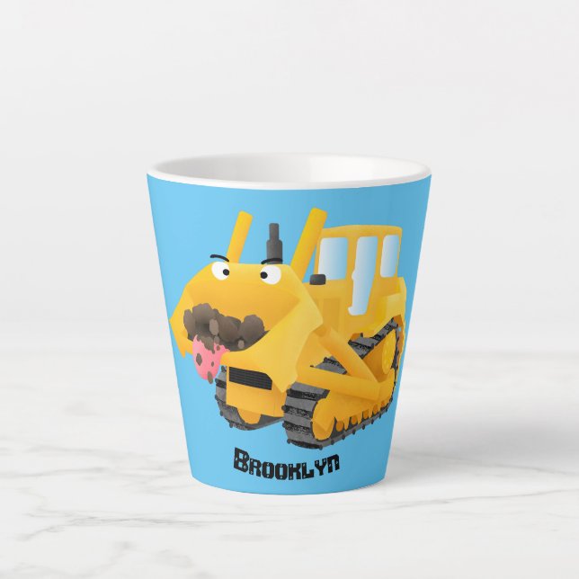Taza De Café Latte Caricatura graciosa amarilla con bulldozer (Anverso)