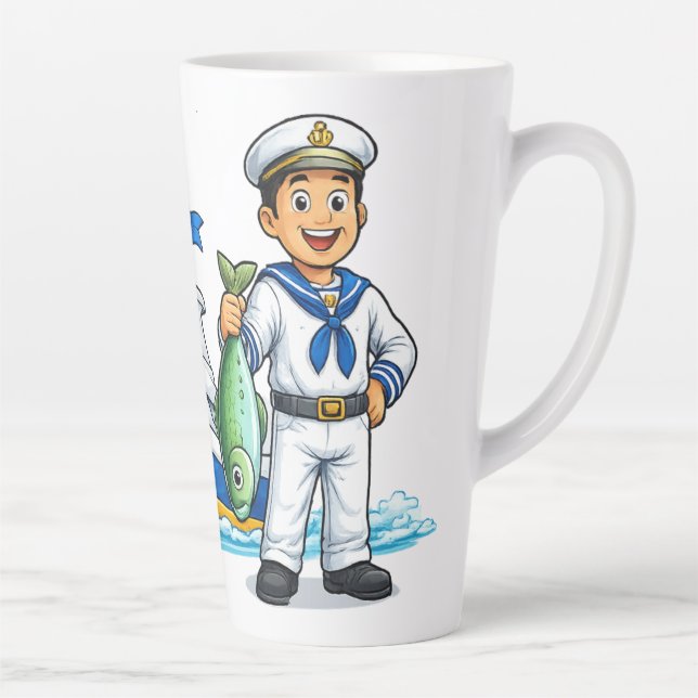 Taza De Café Latte Cartoon Sailor with Yacht and Fish Nautical Art (Derecha)