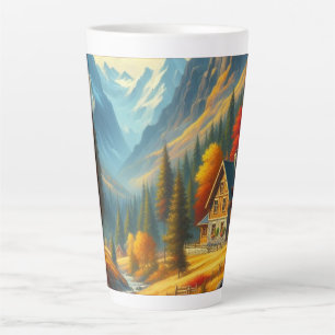 Taza De Café Latte Casa de montaña rústica y río de otoño