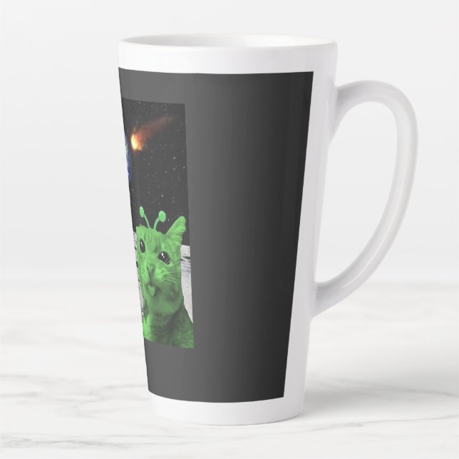 Taza De Café Latte Cat Meme Alien Green Cat Selfie UFO Latte Mug (Derecha)