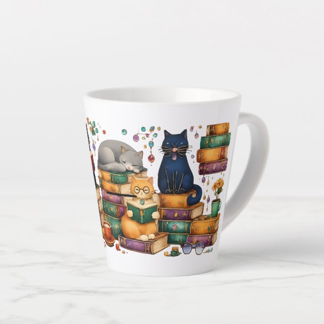 Taza De Café Latte Cats Reading Books Cozy Library Scene (Ángulo derecho)