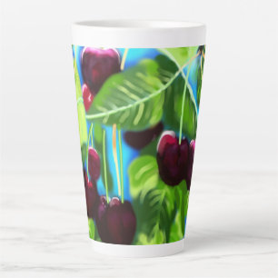 Taza De Café Latte Cerezas Colgadas De Las Ramas Cerezo Verde Rojo