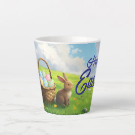 Taza De Café Latte Cesta de Pascua de Conejo en Pradera Primaveral Pa