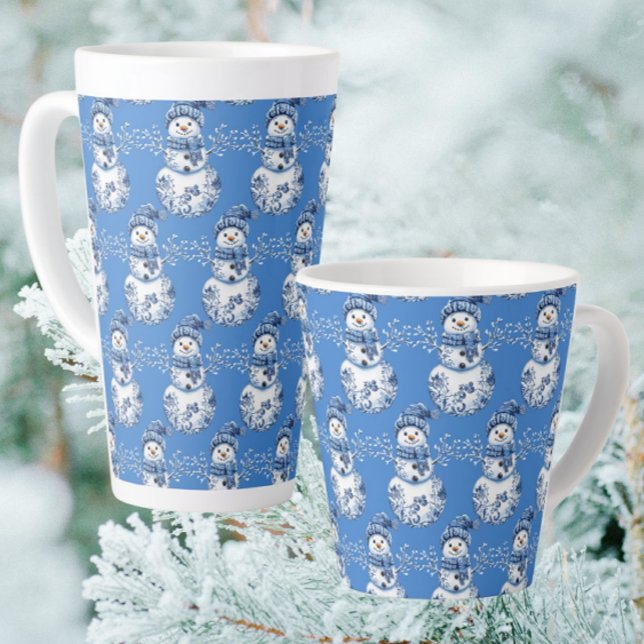 Taza De Café Latte Cheerful Blue White Happy Snowman  (Warm up with a gingerbread latte!)