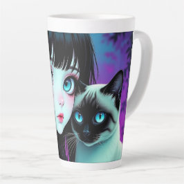 Taza De Café Latte Chica Anime y Gato Siames