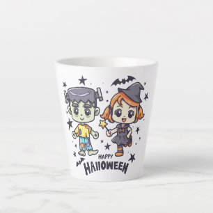 Taza De Café Latte Chica de brujas y niño zombi travieso