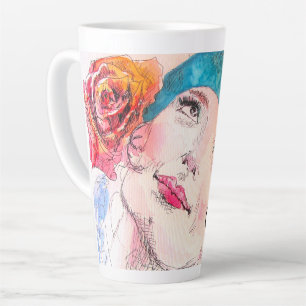 Taza De Café Latte Chica Mujer Rosa Acuarela Aquamarina Boina Rosa Te