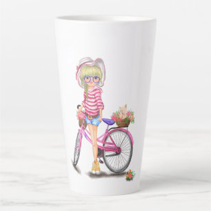 Taza De Café Latte Chica rubio y bici rosa latte Mug