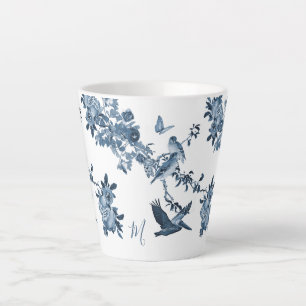 Taza De Café Latte Chinoiserie azul blanco Floral estilo Monograma