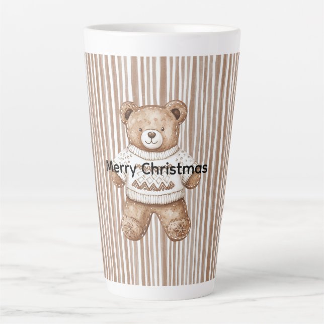 Taza De Café Latte Christmas Brown Cream Teddy Bear Stripes (Anverso)