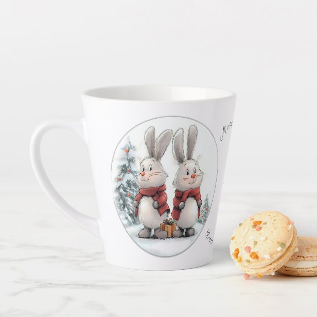 Taza De Café Latte Christmas Bunny and gift, personalized  (In situ)
