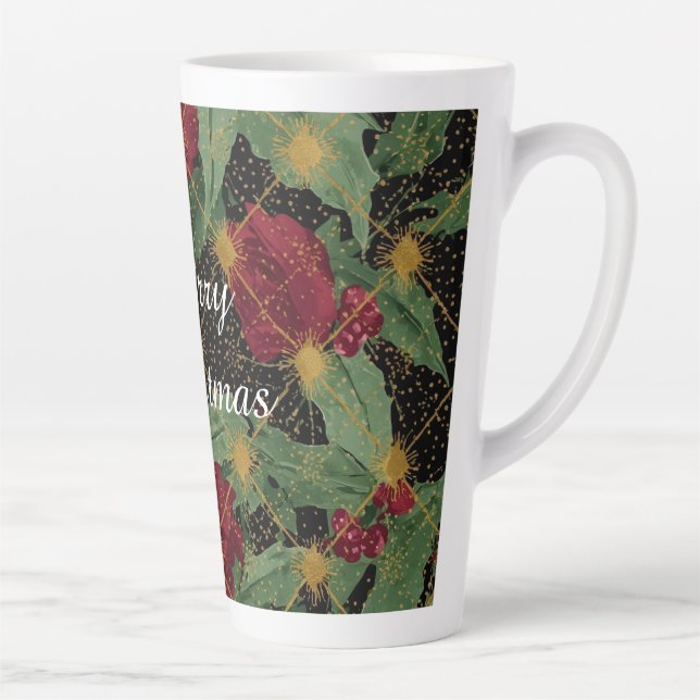Taza De Café Latte Christmas Flowers Pattern,Gold Red Green Black (Derecha)