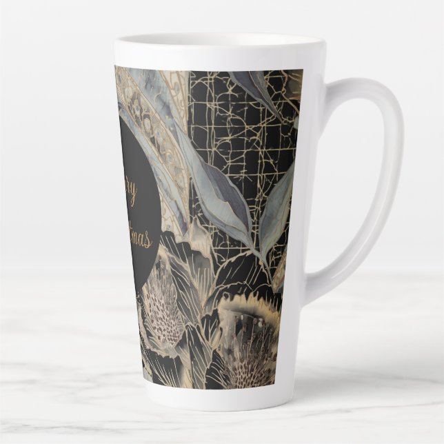 Taza De Café Latte Christmas, Merry Christmas,Gold Blue Flowers Art  (Derecha)