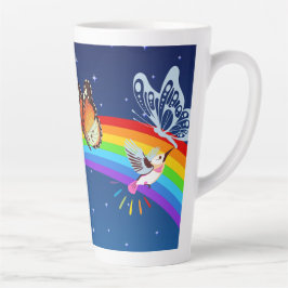 Taza De Café Latte Cielo nocturno, dos pájaros, mariposas y arcoiris