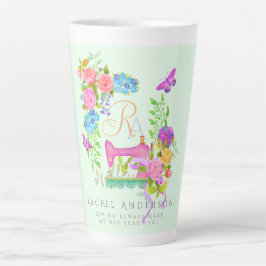 Taza De Café Latte Cinta de costura Floral Monograma Verde