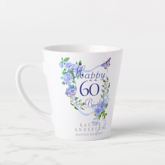 Taza De Café Latte Cinta de Rosa Azul 60 Cumpleaños (Izquierda)