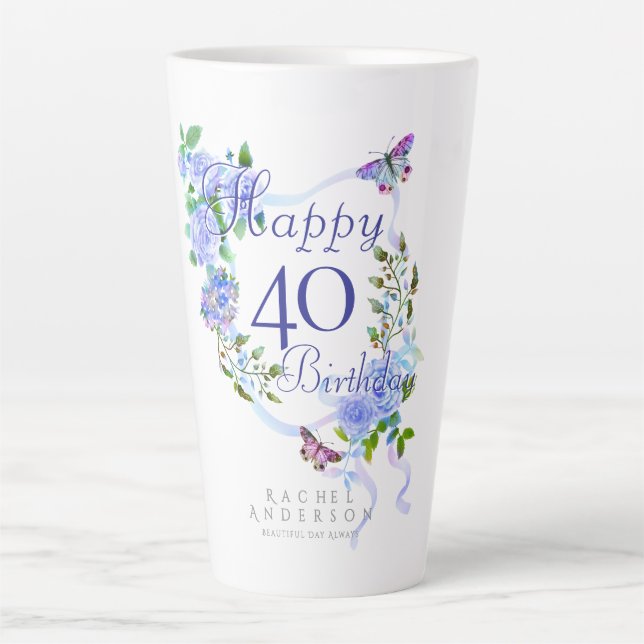 Taza De Café Latte Cinta de Rosa Azul Cumpleaños 40 (Anverso)