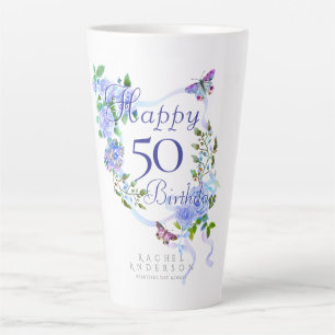 Taza De Café Latte Cinta de Rosa Azul Cumpleaños 50