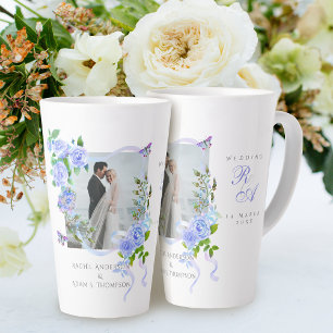 Taza De Café Latte Cinta de Rosa Azul Monograma Foto Boda 