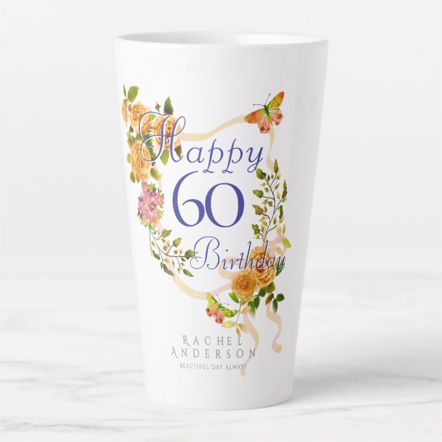 Taza De Café Latte Cinta de Rosa Dorada Cumpleaños 60 (Anverso)
