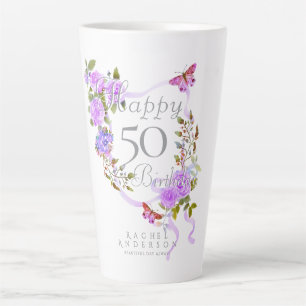 Taza De Café Latte Cinta de Rosa Púrpura 50 Cumpleaños