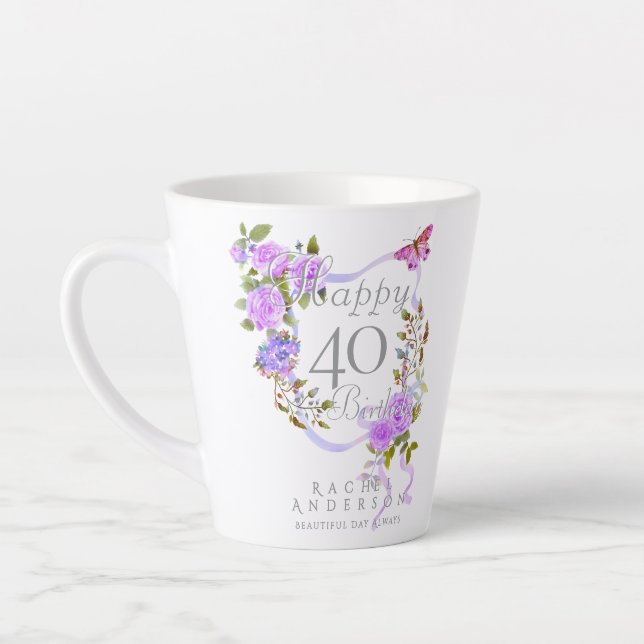 Taza De Café Latte Cinta de Rosa Púrpura Cumpleaños 40 (Izquierda)