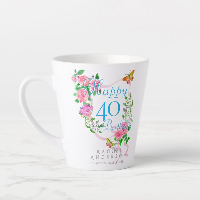 Taza De Café Latte Cinta de Rosa Rosa Cumpleaños 40 (Izquierda)