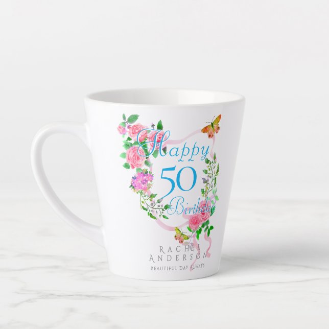 Taza De Café Latte Cinta de rosa rosa cumpleaños 50 (Izquierda)