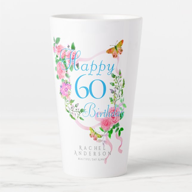 Taza De Café Latte Cinta de Rosa Rosa Cumpleaños 60 (Anverso)