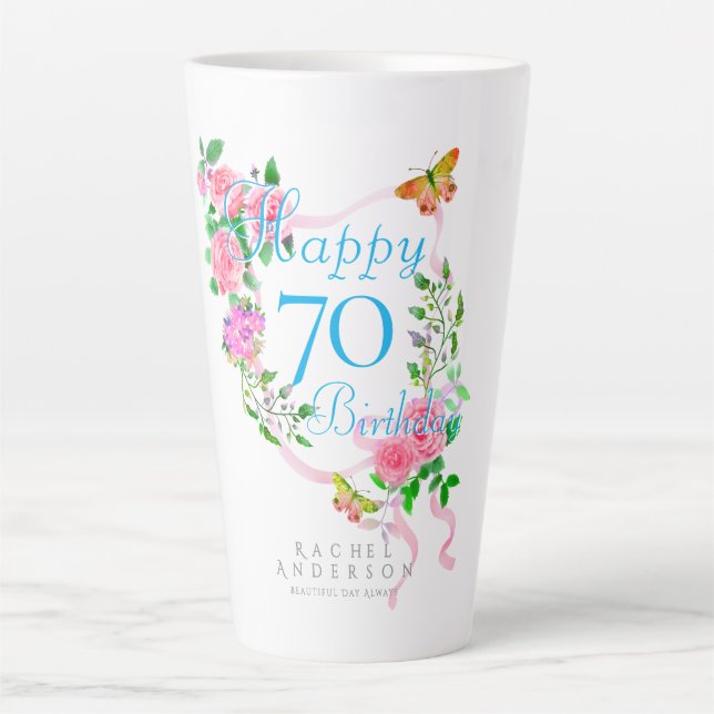 Taza De Café Latte Cinta de Rosa Rosa Cumpleaños 70 (Anverso)