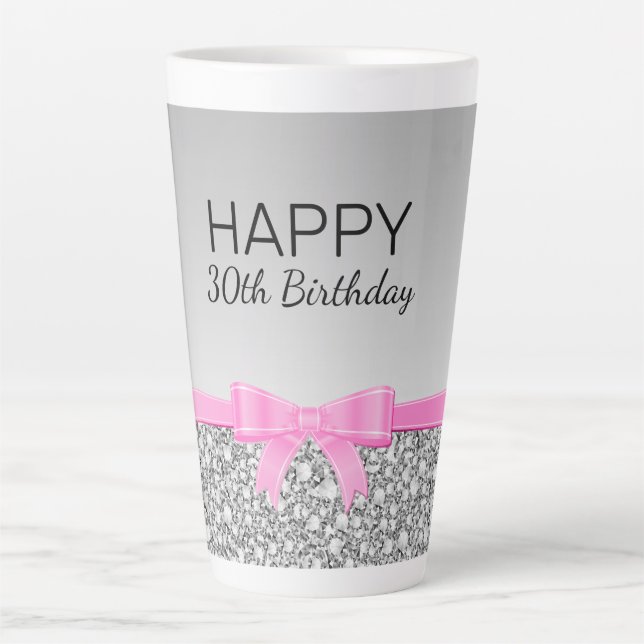 Taza De Café Latte Cinta Rosa Y Cumpleaños Purpurina Gris (Anverso)