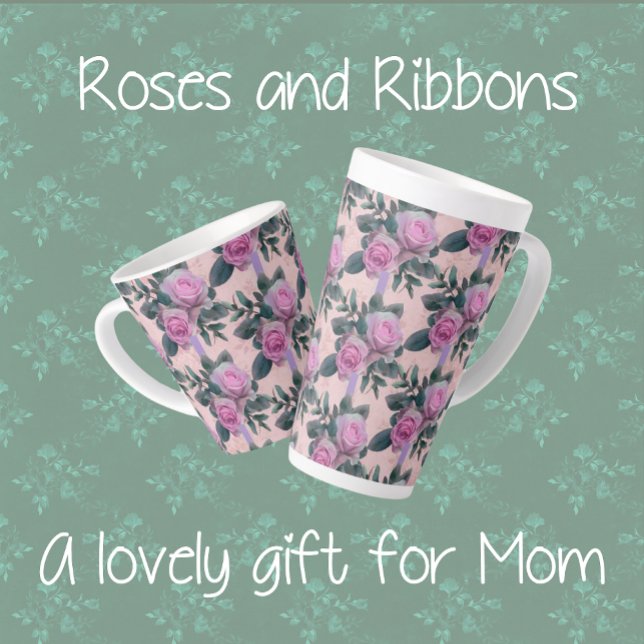 Taza De Café Latte Cintas de lavanda de rosas rosas antiguas (Latte mugs in 2 sizes)