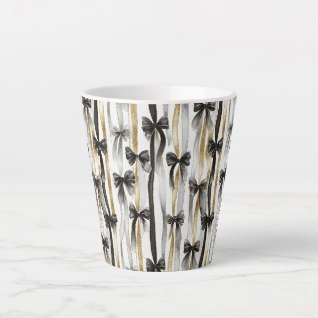 Taza De Café Latte Cintas y lazos dorados plateados negros con brillo (Anverso)