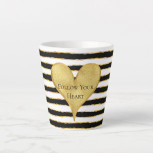 Taza De Café Latte Cita Corazón de franjas de oro blanco negro