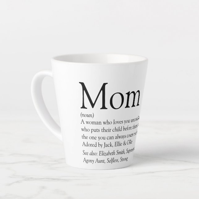 Taza De Café Latte Cita de definición de mamá en blanco y negro (Ángulo izquierdo)