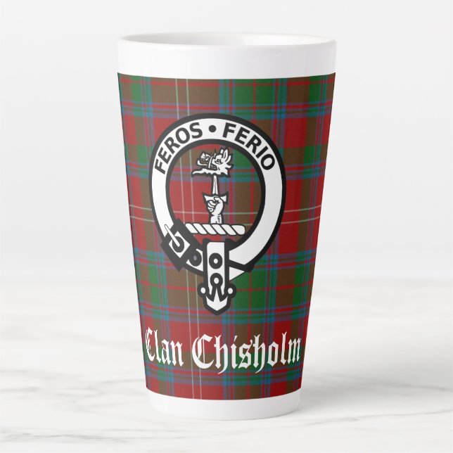 Taza De Café Latte Clan Chisholm Tartan & Escudo Badge (Anverso)