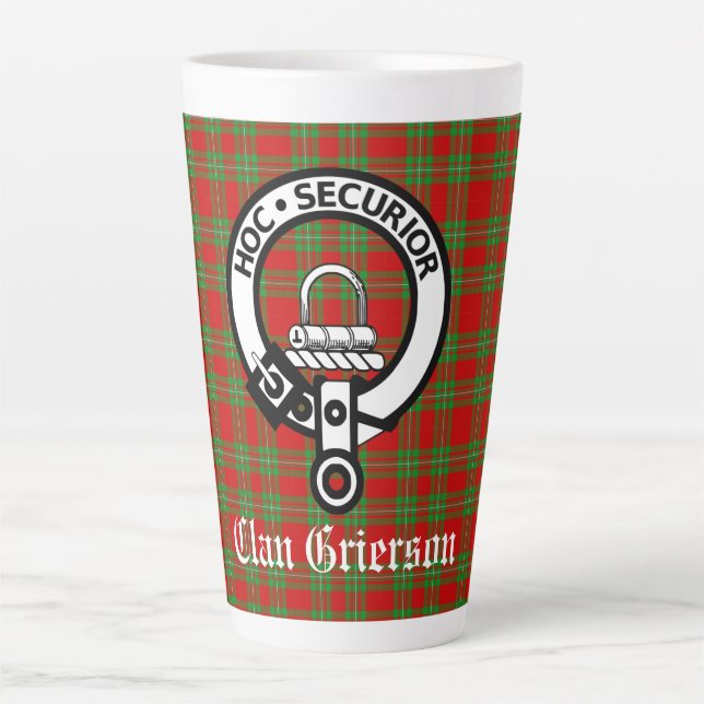 Taza De Café Latte Clan Grierson Escudo Badge & Tartan (Anverso)