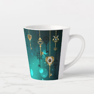 Taza De Café Latte Claves de esqueleto antiguas sobre fondo verde