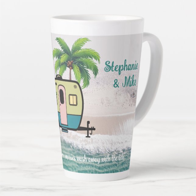 Taza De Café Latte Coastal Camping Retro Trailer Personalized (Ángulo derecho)