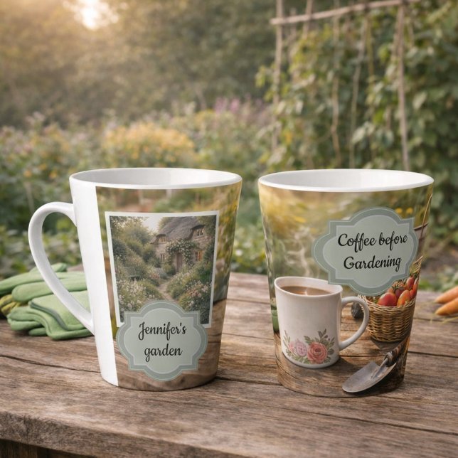 Taza De Café Latte Coffee before gardening morning garden photo (Create your own "Coffee before gardening" morning garden photo latte mug. You can add your own photo)