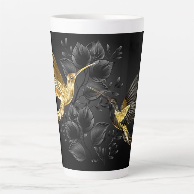 Taza De Café Latte Colibrí negro y dorado (Anverso)