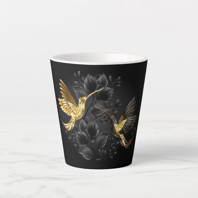 Taza De Café Latte Colibrí negro y dorado (Anverso)