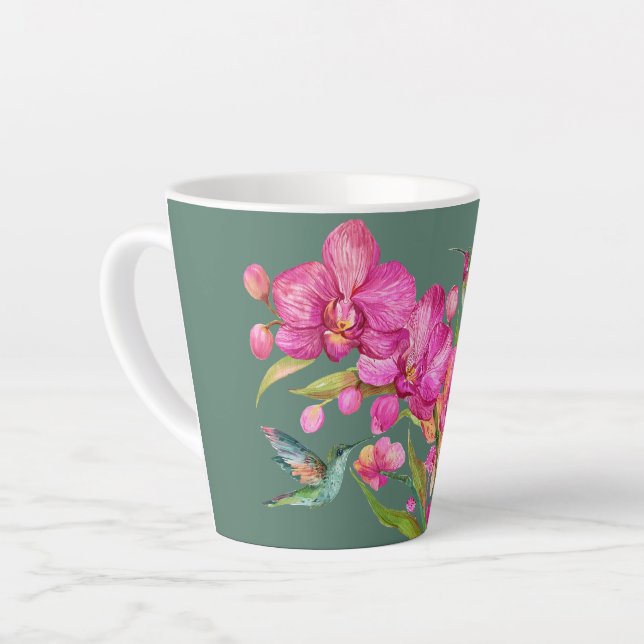 Taza De Café Latte Colibrí y orquídeas (Ángulo izquierdo)